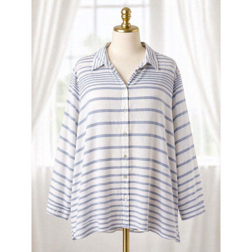 J.Jill Button Down Top Shirt Plus Size 4X Blue White Striped Cotton Long Sleeve